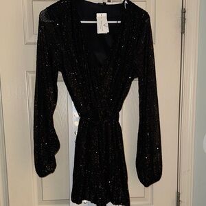 Black Sequin Long Sleeve Dress